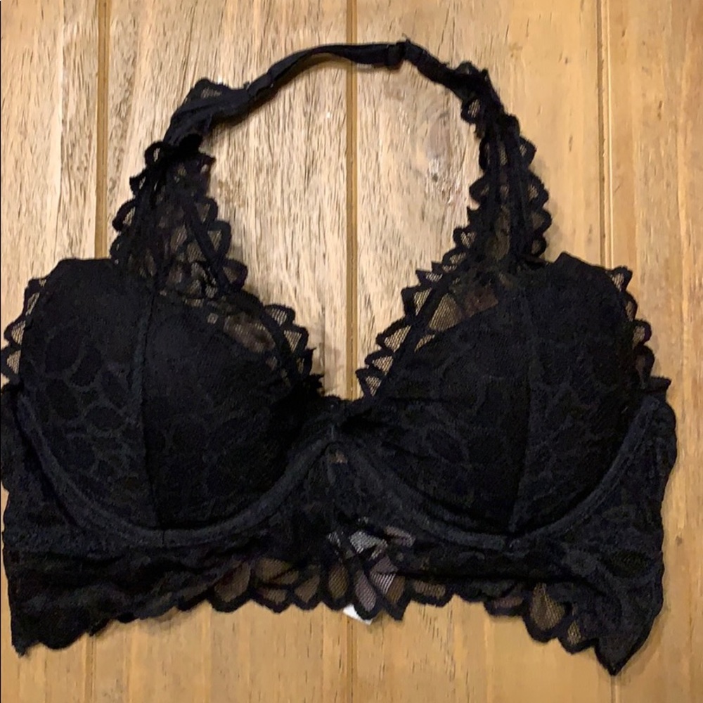 PINK black lacey, padded, halter, bralette, AA-C
